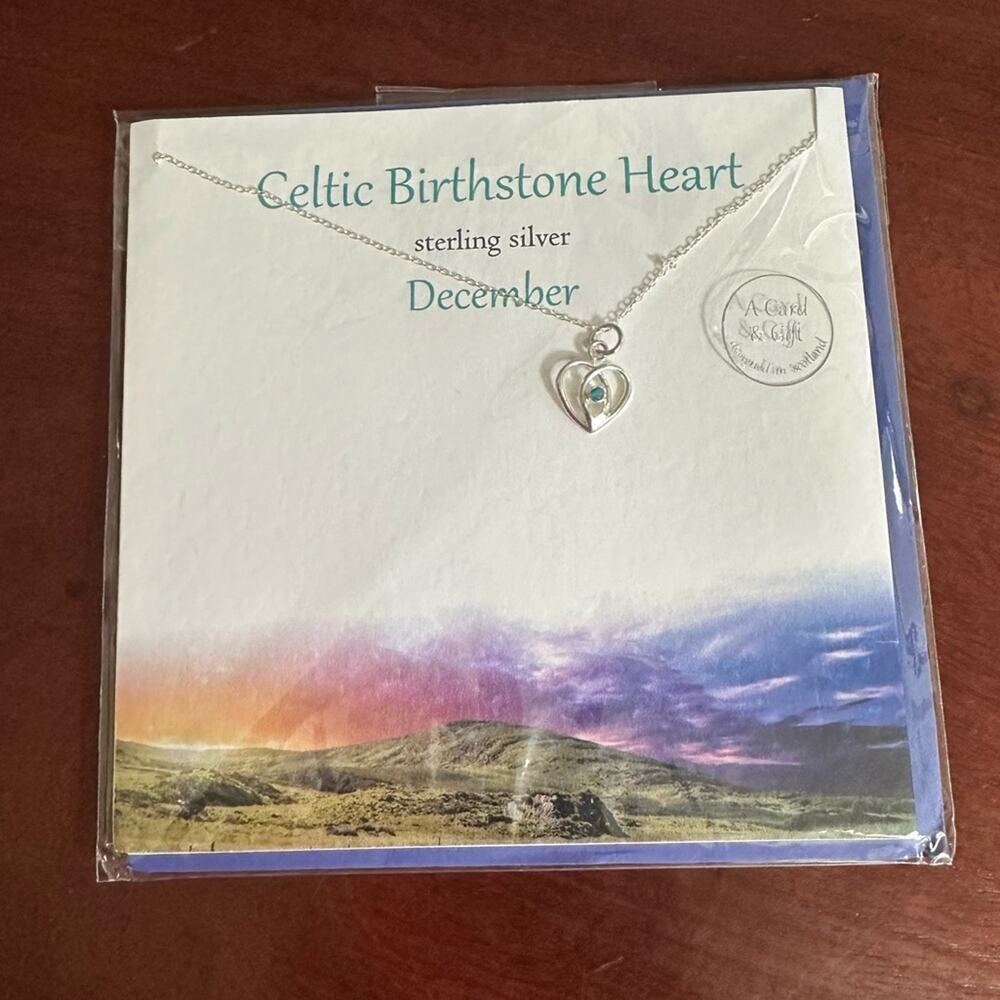 December Birthstone necklace Celtic silver heart Turquoise Blue crystal